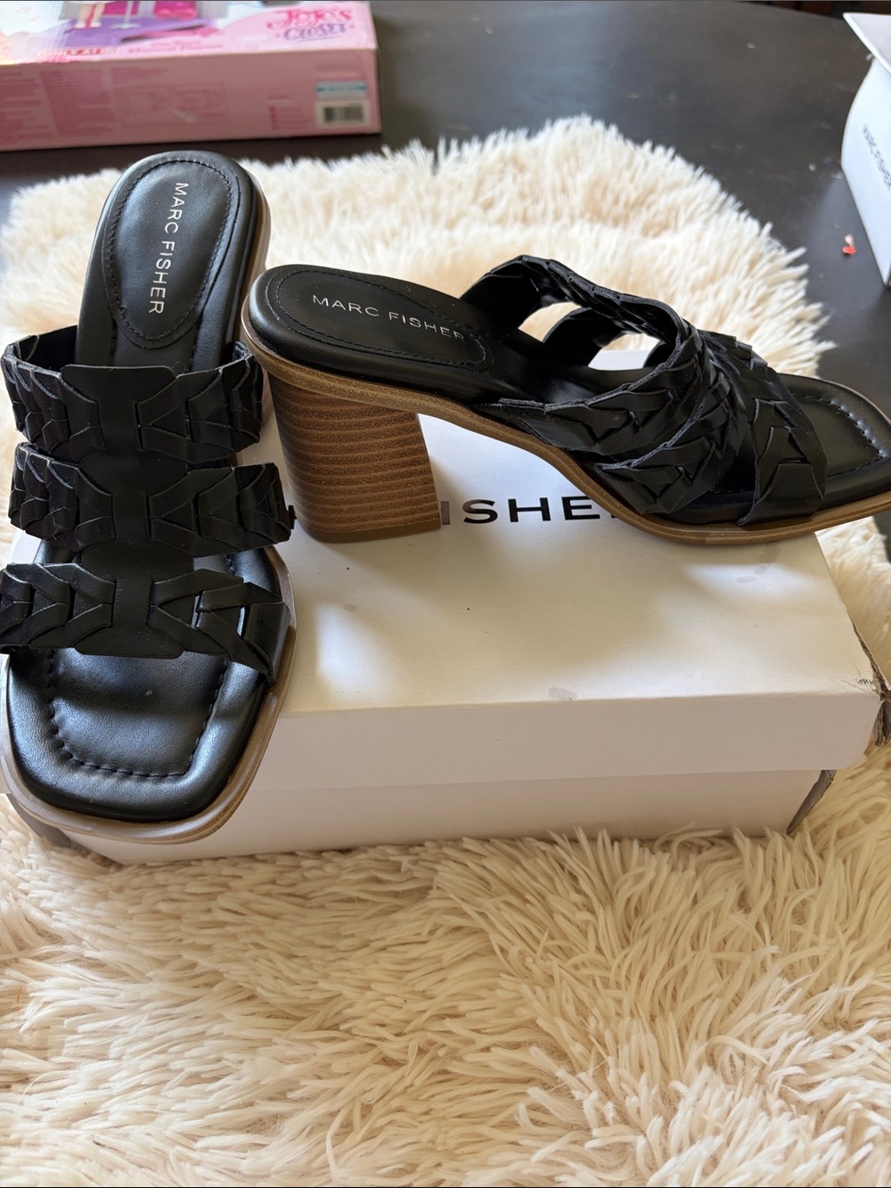 Marc Fisher Black Melita Braided Leather Block Heel Mules 6.5